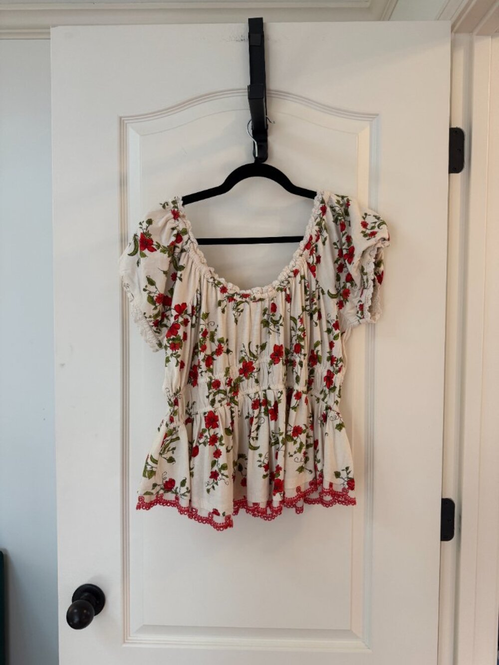 Anthropologie White Floral Peasant Blouse with Red Print - Picture 4 of 9